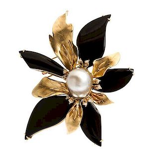 * A Yellow Gold, Cultured Pearl, Onyx and Diamond Brooch, 51.30 dwts.
