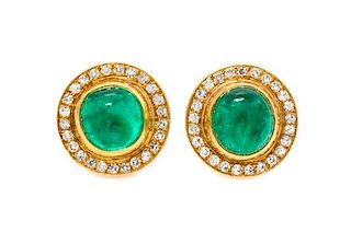 A Pair of 18 Karat Yellow Gold, Emerald and Diamond Earrings, Angela Cummings for Tiffany & Co., Circa 1980, 3.90 dwts.