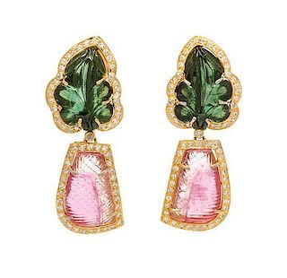* A Pair of Yellow Gold, Tourmaline, and Diamond Earclips, 18.10 dwts.
