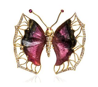 * A Yellow Gold, Polychrome Tourmaline, Diamond and Ruby Butterfly Brooch, 27.40 dwts