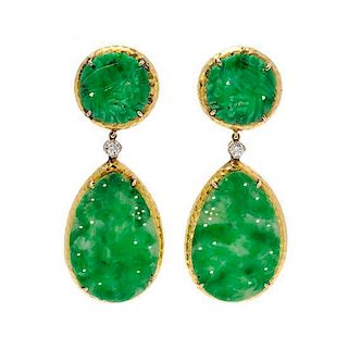 * A Pair of 18 Karat Yellow Gold, Jadeite and Diamond Convertible Earclips, Trio, 16.30 dwts.