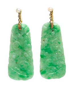 A Pair of Yellow Gold, Jadeite and Pearl Drop Earrings, 10.30 dwts.
