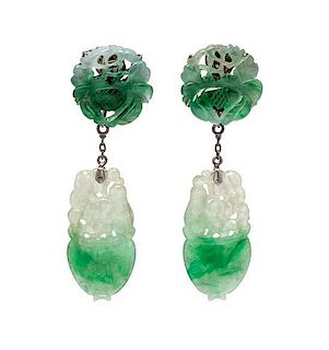 * A Pair of Silver and Jadeite Jade Earclips, 8.80 dwts.