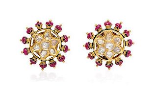 * A Pair of Diamond, Ruby and Polychrome Enamel Earclips, 12.60 dwts.