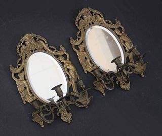 Pair of French Bronze Mirrors with Candle Arms