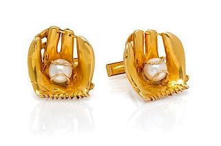 A Pair of 14 Karat Yellow Gold and Cultured Pearl Baseball Glove Cufflinks, 18.30 dwts.