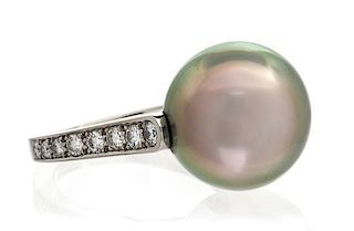 A Platinum, Cultured Tahitian Pearl and Diamond Ring, Cartier, 7.20 dwts.
