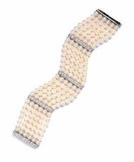 A Platinum, Cultured Pearl and Diamond Bracelet, Tiffany & Co.,