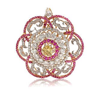 A Gold, Fancy Colored Diamond, Diamond and Pink Sapphire Pendant, 14.60 dwts.