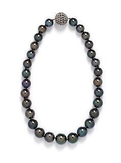 * A Single Strand Cultured Tahitian Pearl Necklace with White Gold and Black Diamond Clasp,