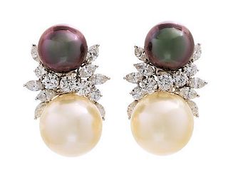 * A Pair of 18 Karat White Gold, Cultured Pearl and Diamond Earclips, 14.50 dwts.