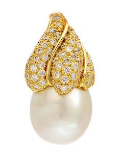 * An 18 Karat Yellow Gold, Cultured Pearl and Diamond Pendant, Henry Dunay, 9.20 dwts.