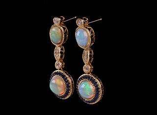 Ethiopian Opal Blue Sapphire & Diamond Earrings