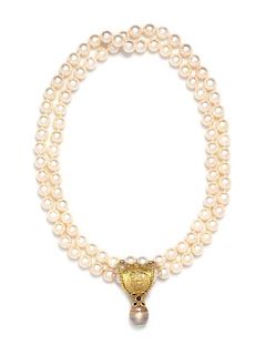 An 18 Karat Yellow Gold, Cultured Pearl and Tourmaline Necklace, Denise Roberge, 16.20 dwts. (pendant only)