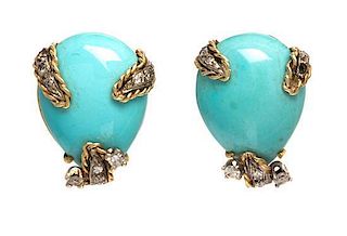 * A Pair 14 Karat Gold, Turquoise and Diamond Earclips, 7.60 dwts.