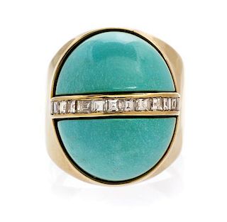 A 14 Karat Yellow Gold, Turquoise and Diamond Ring, Italian, 8.40 dwts.