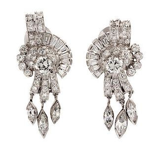 A Pair of Vintage Platinum and Diamond Drop Earclips, 10.80 dwts.