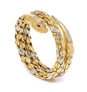 An 18 Karat Two Tone Gold, Diamond and Ruby Flexible Serpent Bracelet, Chimento, 59.20 dwts.