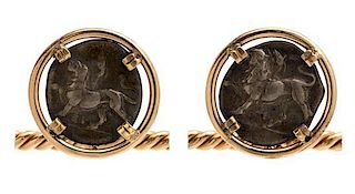A Pair of Yellow Gold and Ancient Greek Silver Coin Cufflinks, 15.10 dwts.