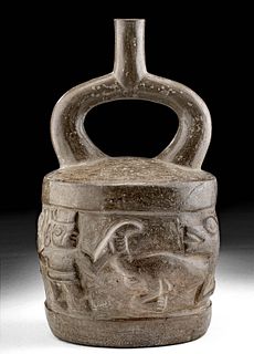 Moche Pottery Stirrup Vessel with Jaguar Hunting Scene
