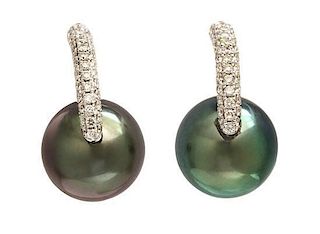 A Pair of 14 Karat White Gold, Cultured Tahitian Pearl and Diamond Earrings, 4.00 dwts.