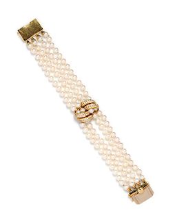 An 18 Karat Yellow Gold, Diamond and Cultured Pearl Multistrand Bracelet, Sidney Garber, 34.00 dwts.