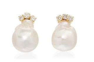 * A Pair of Yellow Gold, Cultured Baroque Pearl and Diamond Earclips, 11.30 dwts.