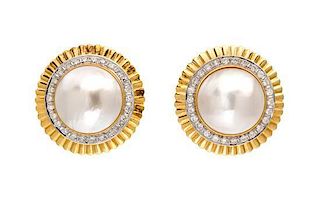 * A Pair of 18 Karat Gold, Mabe Pearl and Diamond Earclips, 21.30 dwts.