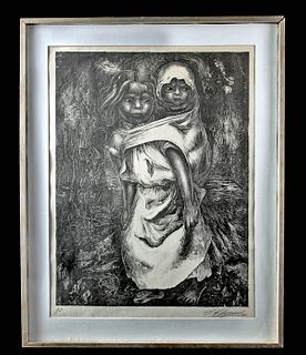 Framed Siqueiros Lithograph Dos Ninos / Madre Nina 1956
