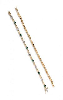 A Collection of 14 Karat Yellow Gold, Emerald and Diamond Bracelets, 12.70 dwts.