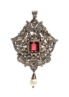 A Silver Topped Yellow Gold, Pink Tourmaline, Cultured Pearl and Diamond Pendant, 14.30 dwts.