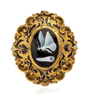 A Victorian Yellow Gold, Agate Cameo and Enamel Mourning Brooch, Circa 1843, 12.80 dwts.