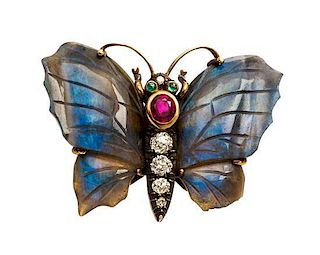 * An Antique Silver Topped Gold, Labradorite, Diamond and Multi Gem Butterfly Brooch, 8.90 dwts.