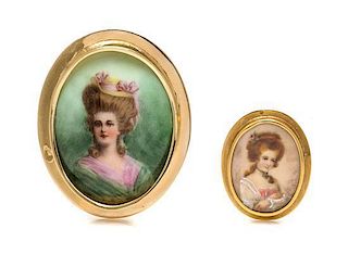 * A Collection of 14 Karat Yellow Gold and Portrait Miniature Pendant/Brooches, 20.30 dwts.