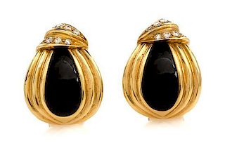 A Pair of 18 Karat Yellow Gold, Onyx and Diamond Earclips, 12.50 dwts.