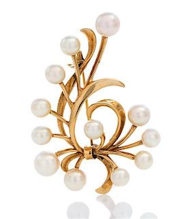 A 14 Karat Yellow Gold and Cultured Pearl Brooch, Mikimoto, 6.60 dwts.
