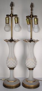 Pair, Gilt French Opaline Pineapple Form Lamps