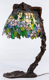 (After) Emil Thomasson (19th/20th Century) Bronze and Stained Glass Lamp