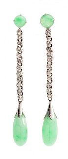 A Pair of White Gold, Jade and Diamond Earrings, 5.70 dwts.