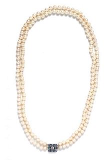 A 14 Karat White Gold, Sapphire, Diamond and Cultured Pearl Double Strand Necklace,