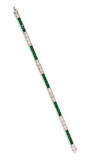 An 18 Karat White Gold, Diamond and Synthetic Emerald Line Bracelet, 11.00 dwts.