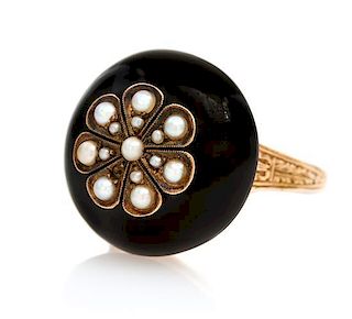 An Antique 14 Karat Yellow Gold, Onyx and Seed Pearl Ring, 5.30 dwts.