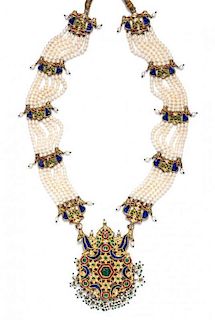 * A Yellow Gold, Polychrome Enamel, Glass and Cultured Pearl Necklace,