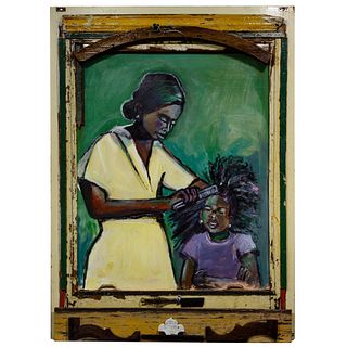 Wayne Manns (American, 20th Century) 'Mother and Daughter' Acrylic and Found Objects on Panel
