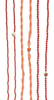 * A Collection of Gold and Coral Bead Necklaces,