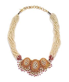 A 22 Karat Yellow Gold, Cultured Seed Pearl, Ruby and Rock Crystal Demi Parure, 35.20 dwts.