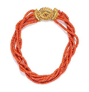 * A Yellow Gold and Multistrand Coral Bead Necklace,