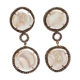 A Pair of Sterling Silver, Cultured Coin Pearl and Diamond Earrings, 14.40 dwts.