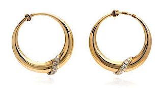 A Pair of 14 Karat Yellow Gold and Diamond Hoop Earclips, 8.40 dwts.