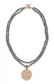 A 14 Karat Rose Gold, Diamond and Labradorite Bead Necklace, 16.10 dwts.